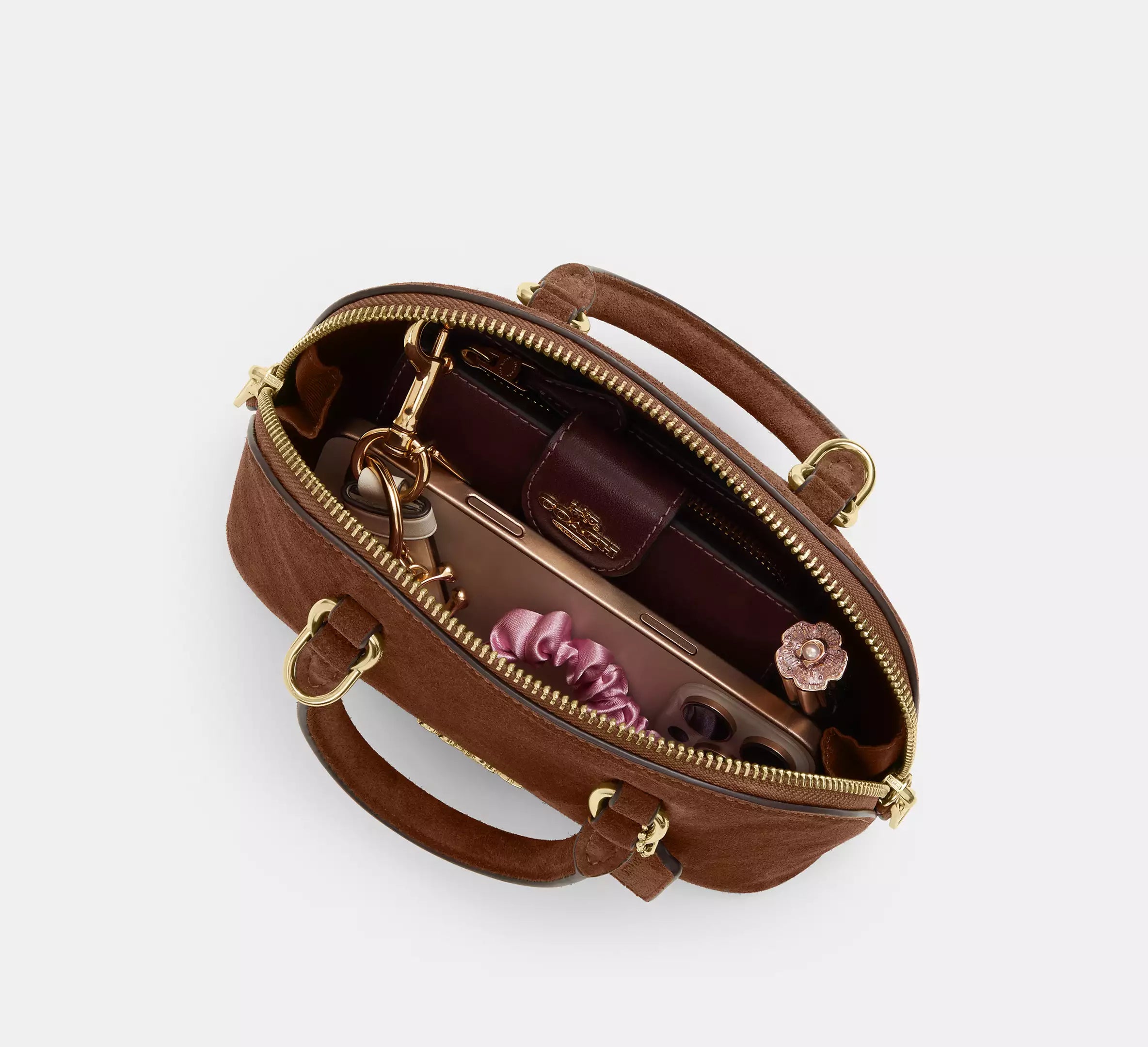 Lara Mini Satchel Bag Suede Warm Brown Coach