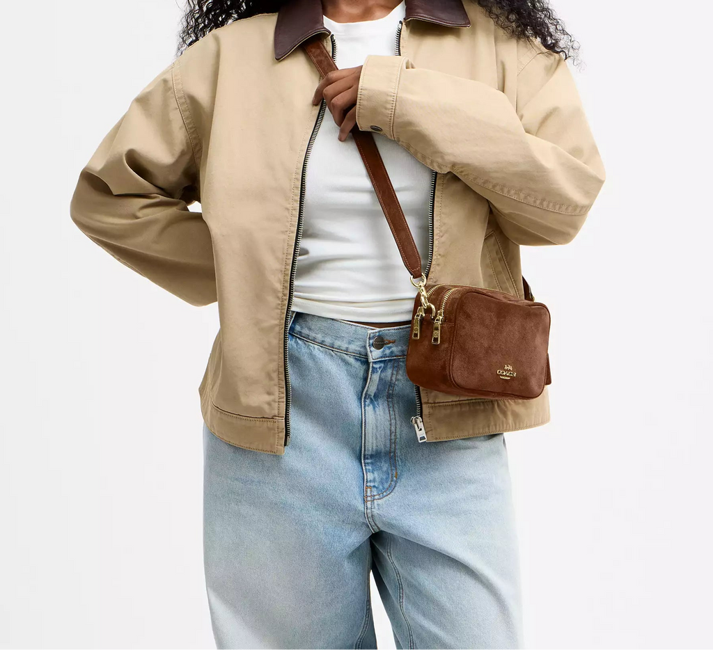 Mini Carey Crossbody Bag Suede Warm Brown Coach