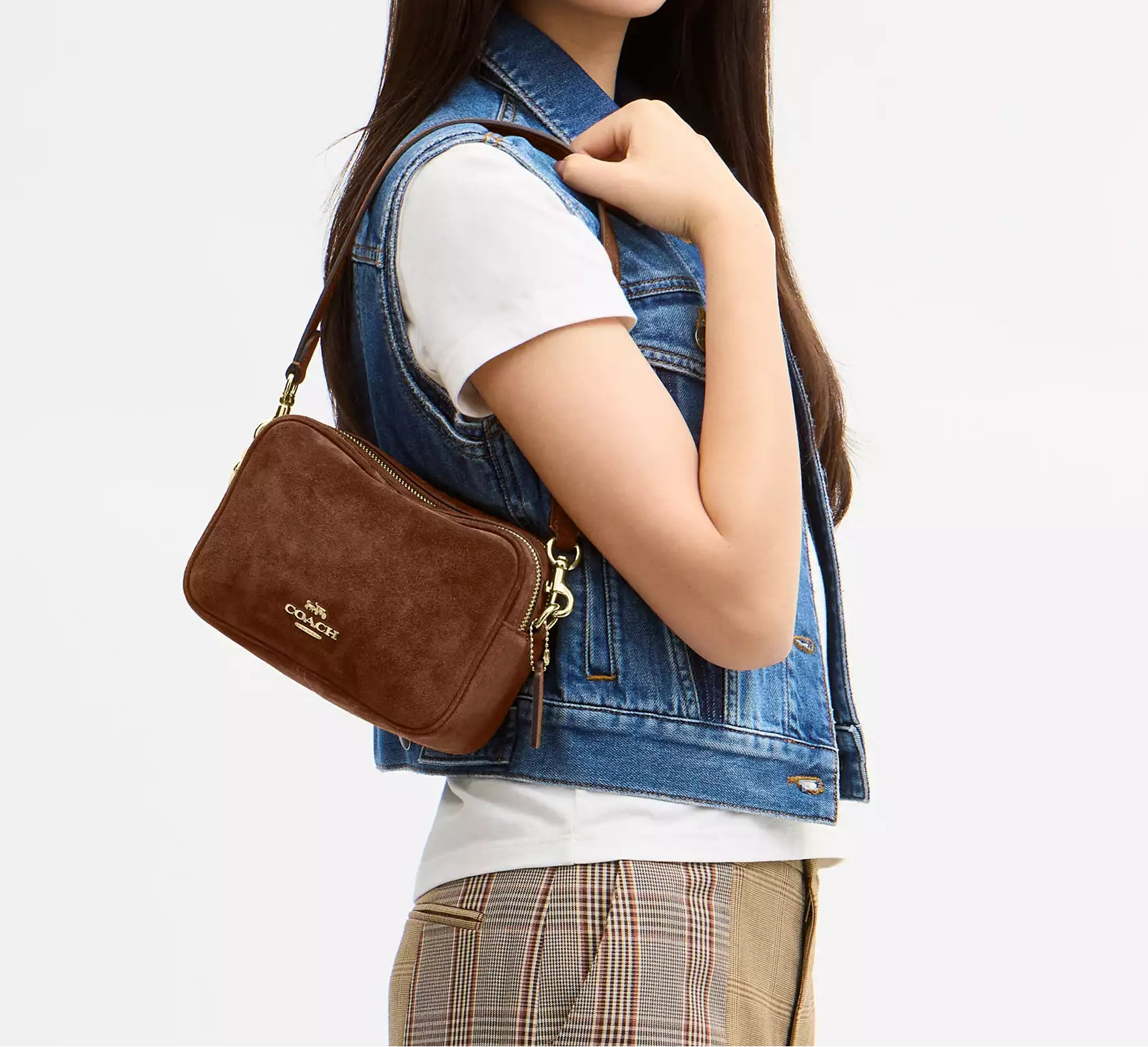 Mini Carey Crossbody Bag Suede Warm Brown Coach