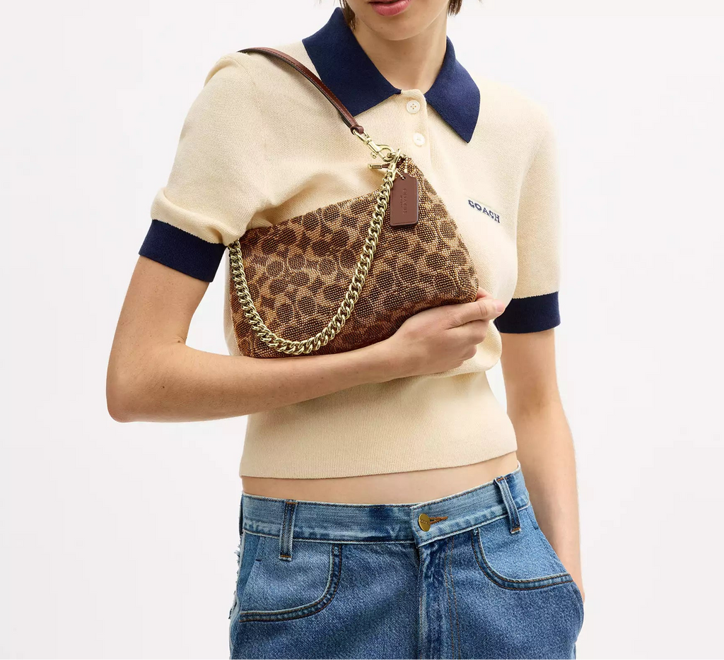 Teri Shoulder Bag In Signature Beaded Satin Tan Coach