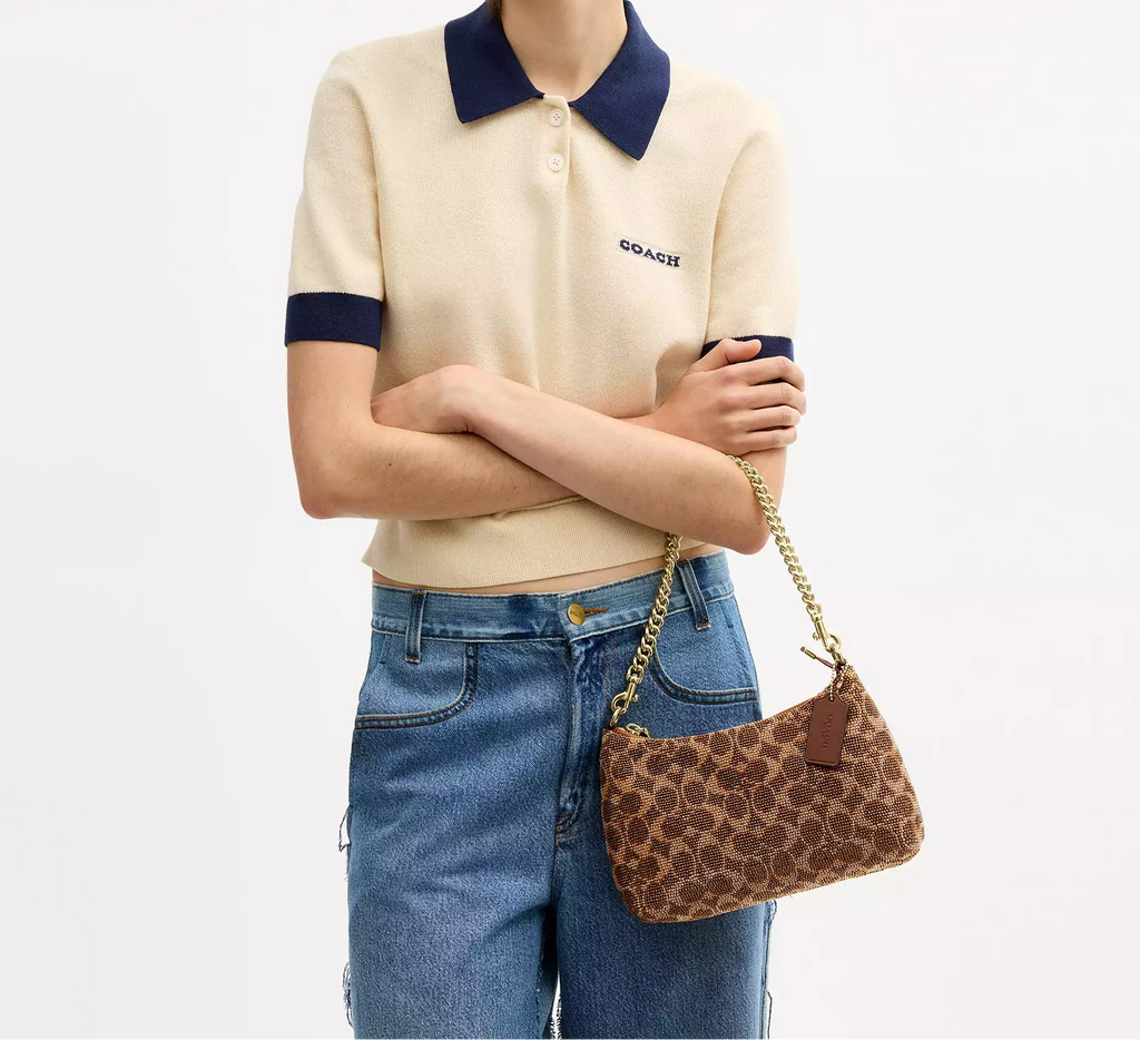 Teri Shoulder Bag In Signature Beaded Satin Tan Coach