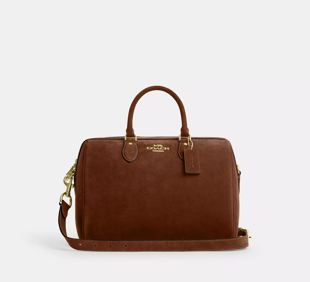 Rowan Large Satchel Bag Suede Warm Brown Coach