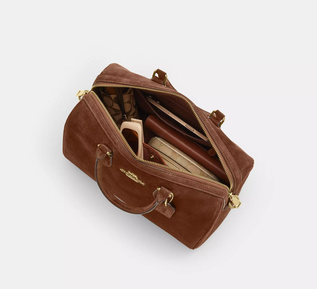Rowan Large Satchel Bag Suede Warm Brown Coach