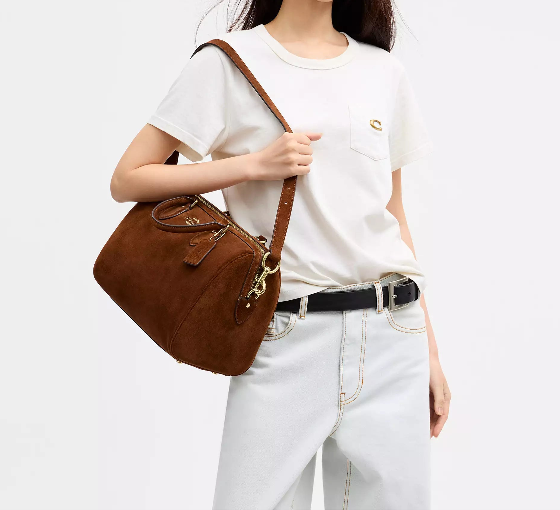 Rowan Large Satchel Bag Suede Warm Brown Coach