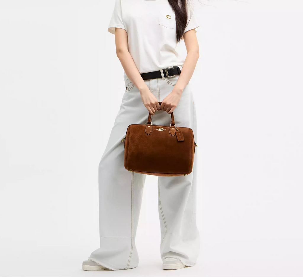 Rowan Large Satchel Bag Suede Warm Brown Coach