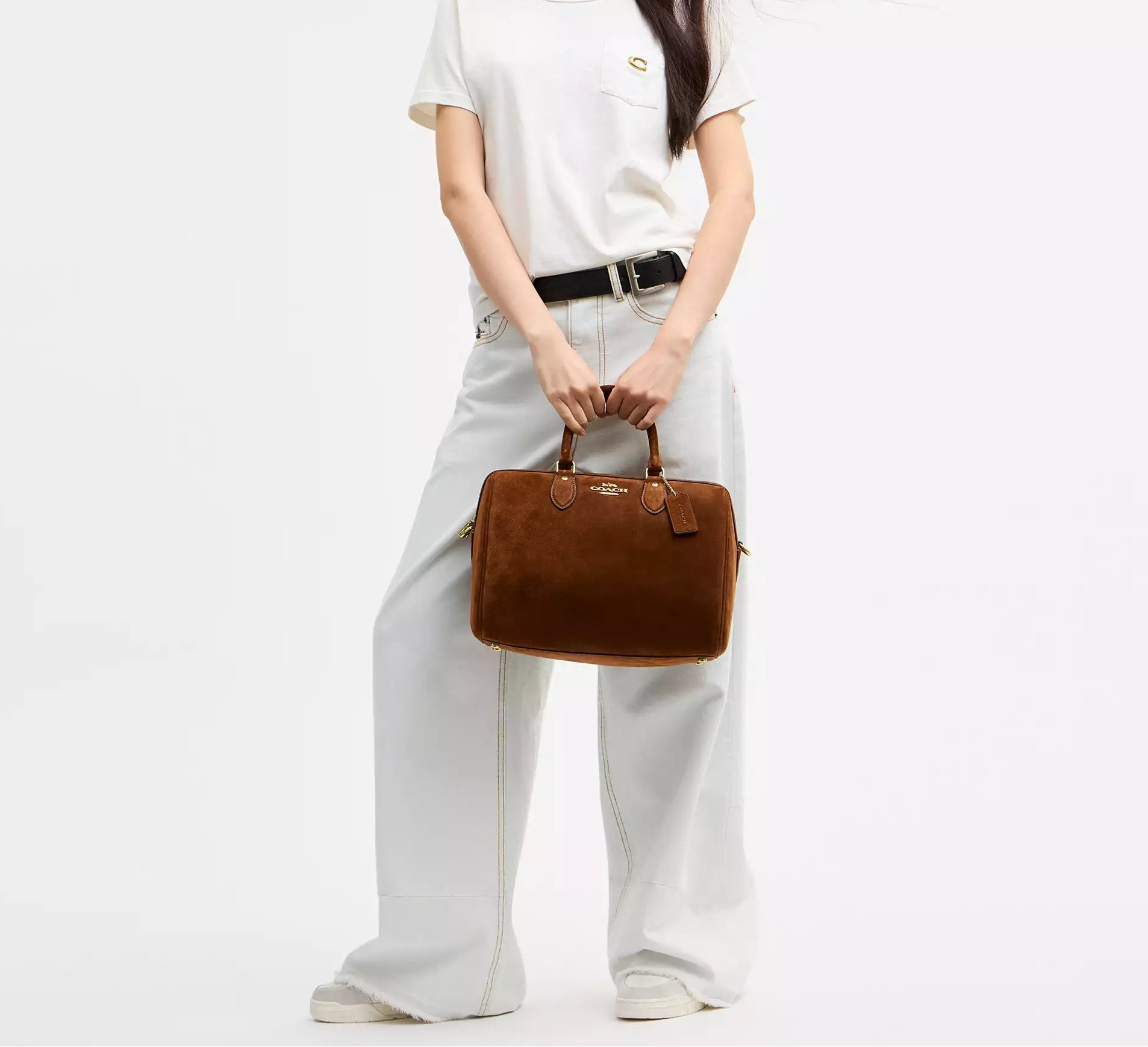 Rowan Large Satchel Bag Suede Warm Brown Coach
